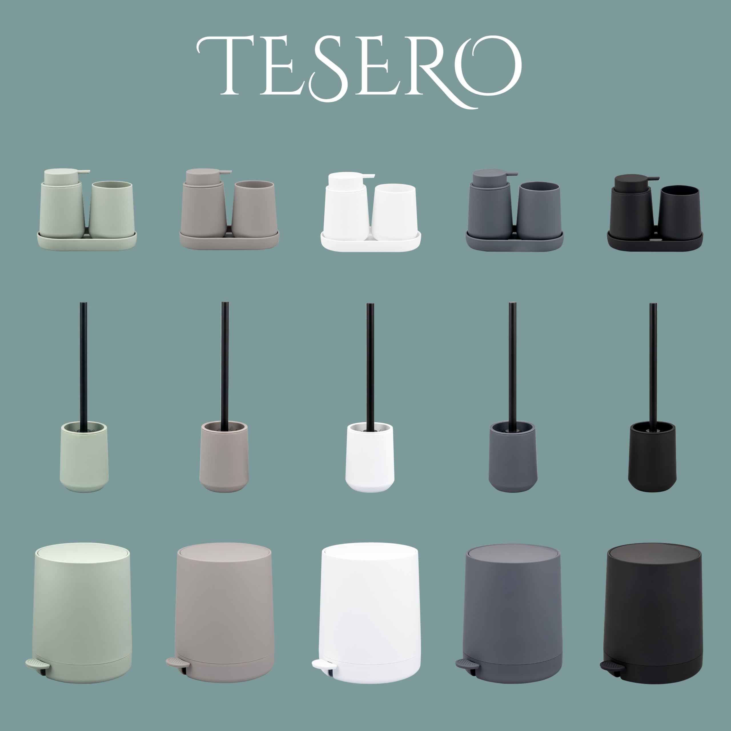 eluno Badezimmer-Set TESERO mit Soft-Touch Oberfläche, Bad-Accessoires Set 5tlg. aus Seifenspender, Becher, Schale, Kosmetikeimer, WC-Garnitur für Badezimmer und Gäste-WC aus Kunststoff (Salbei)