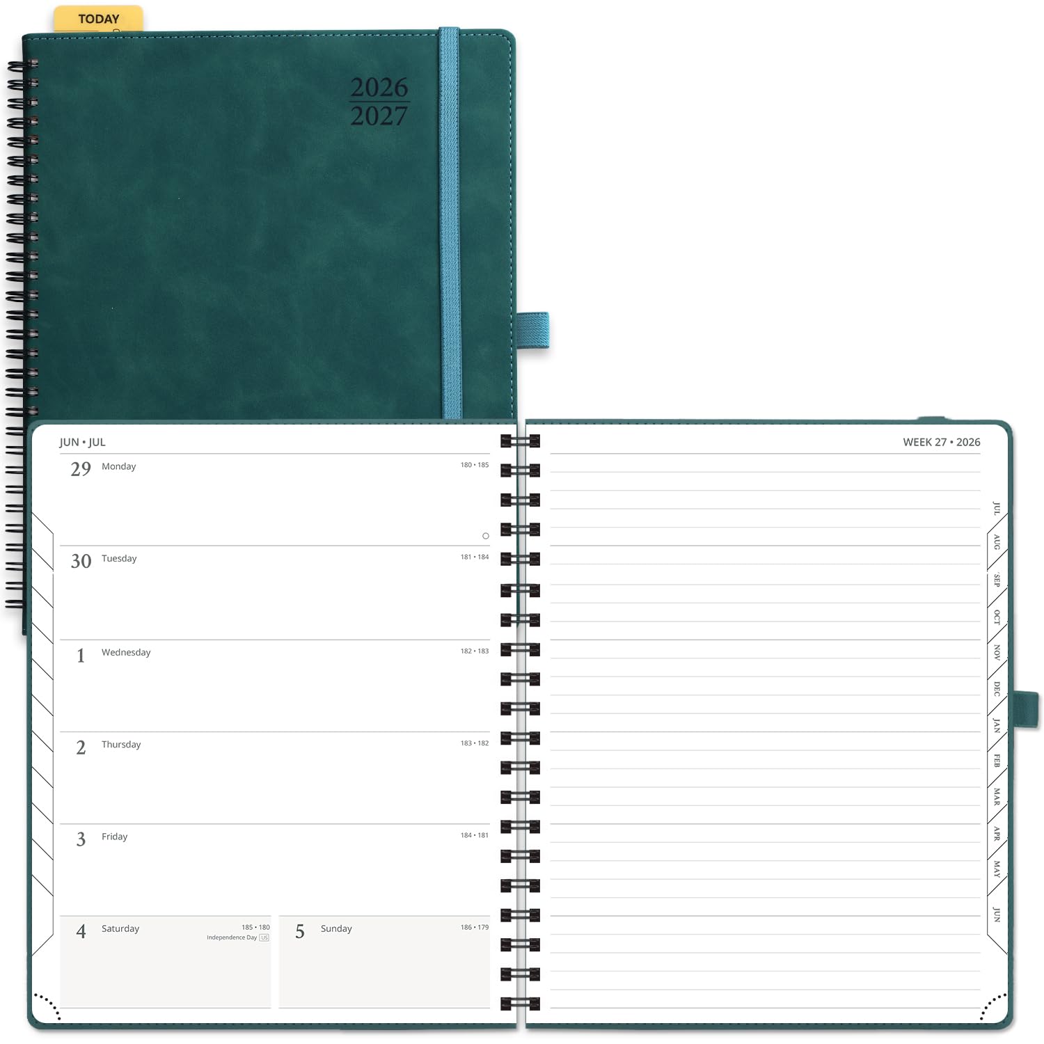 POPRUN Weekly Planner 2026-2027 (July 26-June 27), Large-8.5"x 10.5", Academic Agenda 2026-2027 Calendar Notebook with Monthly Tabs, Inner Pockets, Spiral Leather Softcover, 100GSM - Petrol Green