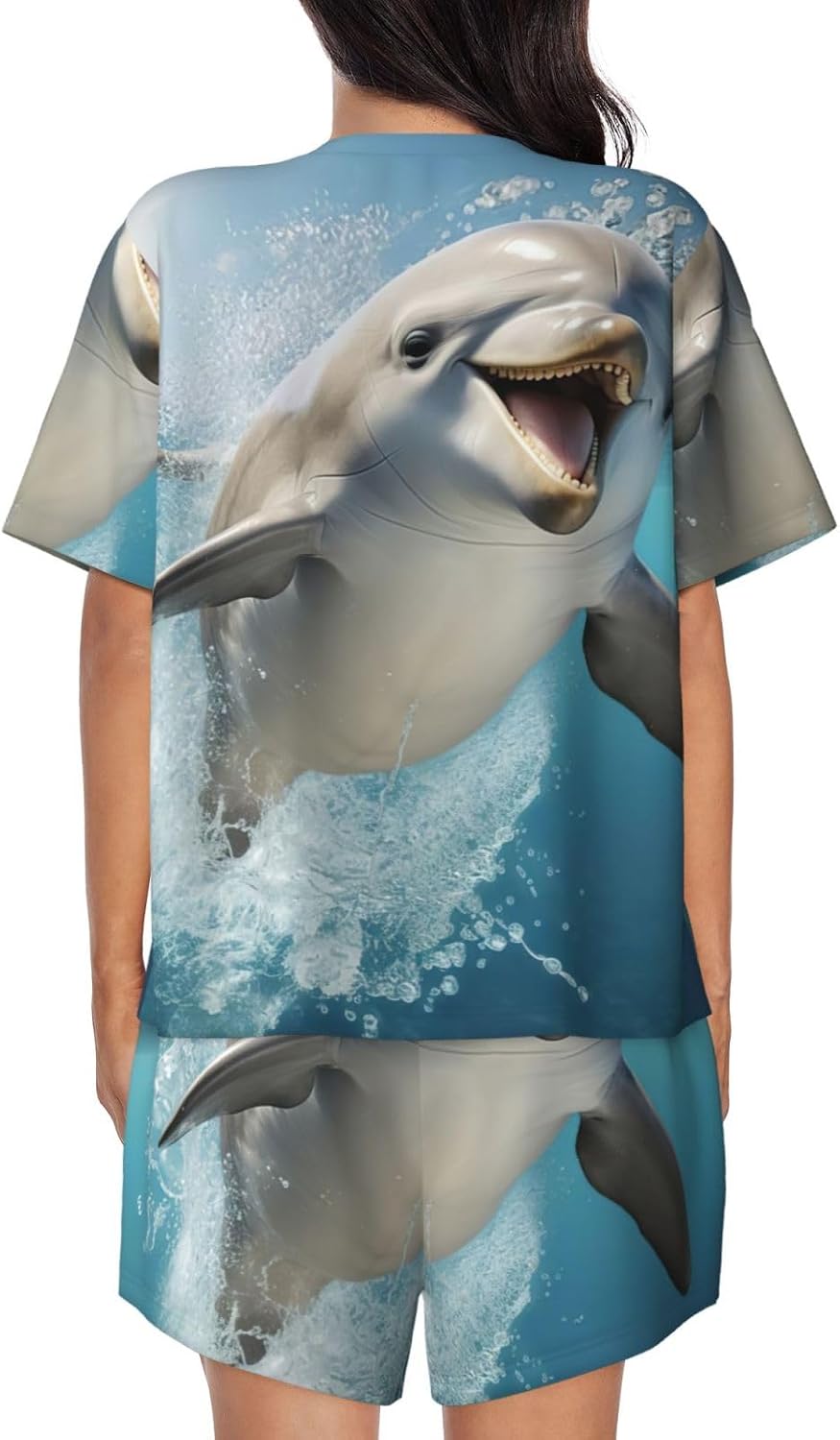 Funny Animal Dolphin Print Short Sleeve Pajama Set,Soft Comfy Pjs For Women,Perfect For Sleep And Loungewear