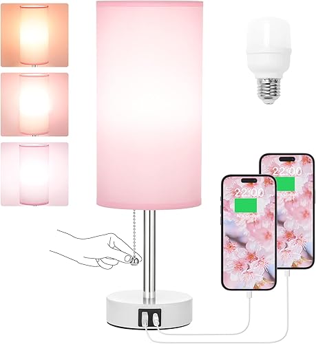 Hong-in Lámpara de mesita de noche con 3 modos de color, lámpara rosa para dormitorio con puertos de carga USB-C USB-A, lámparas de noche de