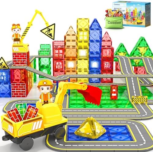 Magnetic Tiles Construction Set with Movable Excavator & Crane, STEM Magnetic Blocks Sensory Toys for Kids 3-5 Girls Boys Toys Age 4-6 6-8, Kids Games Outdoor Toy Birthday Gifts with Car