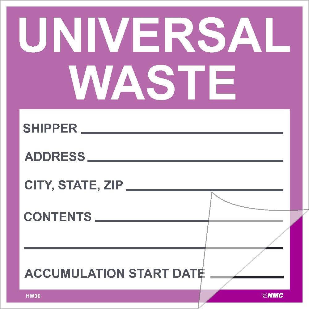 NMC National Marker Corp. HW30SL100 Self-Laminating Labels, Universal Waste in Purple, 6 Inch X 6 Inch, PS Vinyl, Bx100