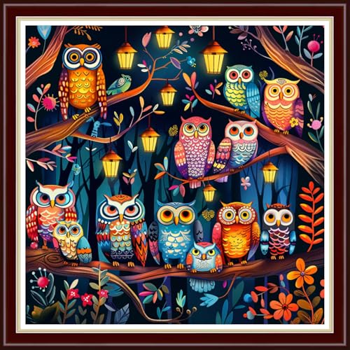 Image of Joyhoor Cross Stitch Kits for Beginners Stamped Cross-Stitch Supplies Needlework preprint Embroidery Kits for Adults DIY Needlepoint Kit Embroidery Patterns 11CT-Colorful Night Owl 18x18 inch