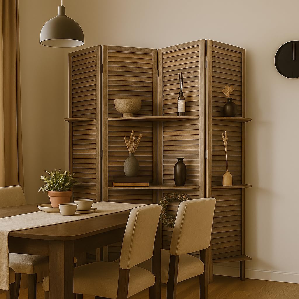 Proman Products Rancho Shelf 4 Panel Room Divider FS17191, Folding Screen, Privacy Screen, Room Partition, Paulownia Wood, (Max Extend with Shelves) 47" W x 11" D x 67" H, Rustic Brown