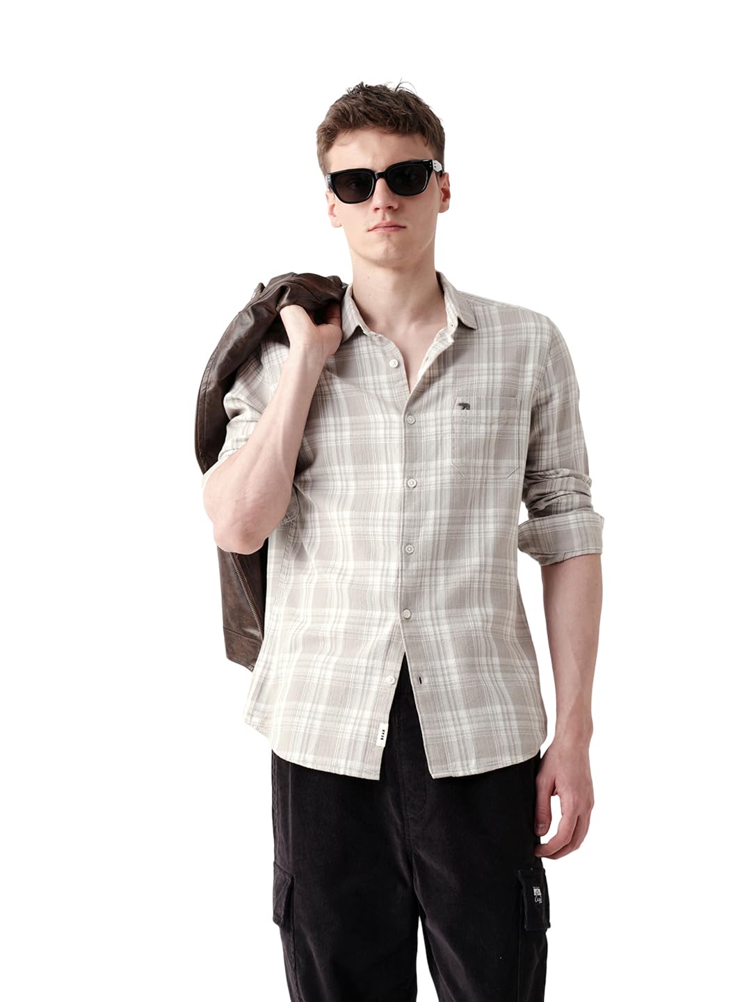 THE BEAR HOUSE Men’s Casual Grey Plaid Flannel Shirt | Stylish Everyday Wear | Modern Slim Casual Look