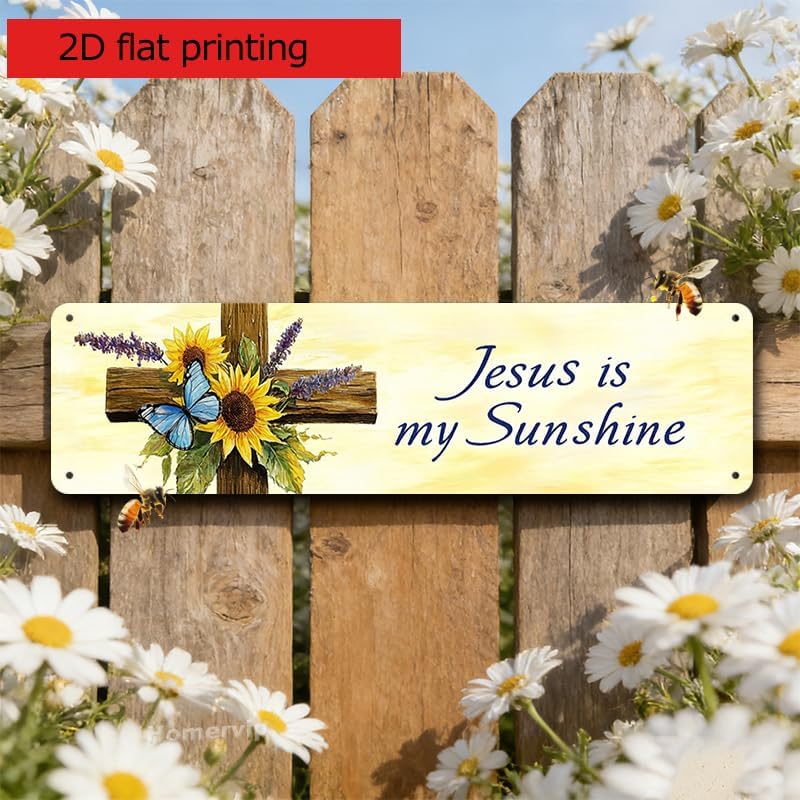 Decorative Tin Signs Vintage Rustic Jesus is My Sunshine Wooden Cross Sunflower Blue Butterfly Metal Wall Art 100% Aluminum Rustproof Waterproof Corrosion Resistant 4 * 16Inches image 4