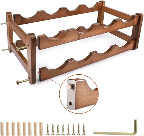 Miniatura 6 de Estante de vino de 2 niveles, 8 botellas, soporte de vino de bambú para encimera, despensa, cocina, bares, bodega