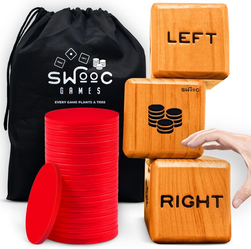 SWOOC Games - Giant Right Center Left Dice Game (All Weather) with 24 Large Chips & Carry Bag - Jumbo Wooden Lawn Game - Big Backyard Game for Family - Indoor/Outdoor