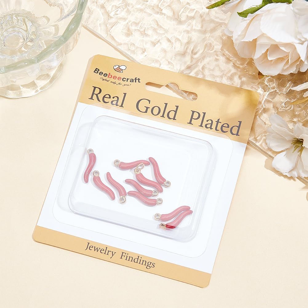 Beebeecraft 1 Box 10Pcs Chili Pepper Charms 18K Gold Plated 304 Stainless Steel 3D Red Enamel Charms Italian Horn Cornicello Charms for Bracelet Earring Necklace DIY Craft Making