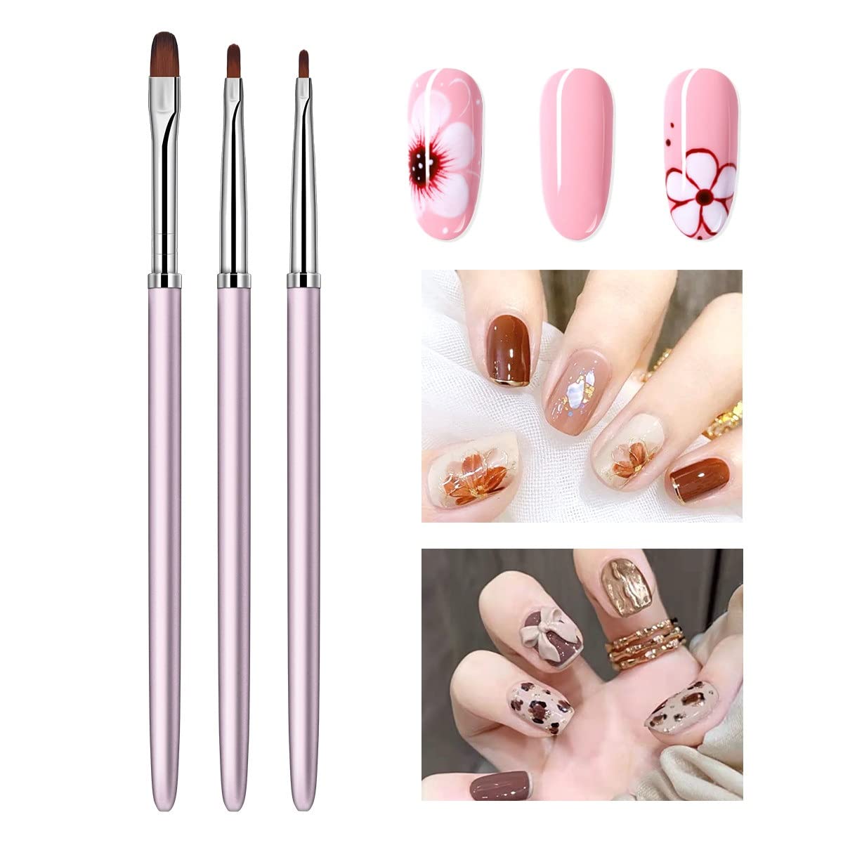 Pennelli per Pittura ad Olio, 3 Pezzi/Set Pennello per Gel Acrilico per Nail Art Manico in Strass Estensione per Builder Linee Liner Disegno Pittura Penna Strumento per Manicure
