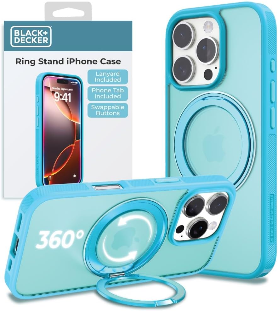 BLACK+DECKER 360°Spin Magnetic Stand for iPhone 16 Pro Max Case, Compatible with MagSafe Protective Stylish for iPhone16 ProMax Case, Ostand Kickstand Rotatable, Lanyard, Extra Buttons, Blue