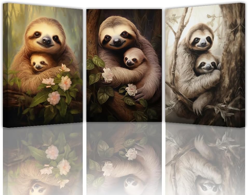LURENCZH Sloth Canvas Wall Art 3 Panel Sloth Mother and Baby Sloth Picture Prints Jungle Animal Paintings for Nursery Decor Framed(Animal-3,16.00\" x 24.00\" x 3Pcs)
