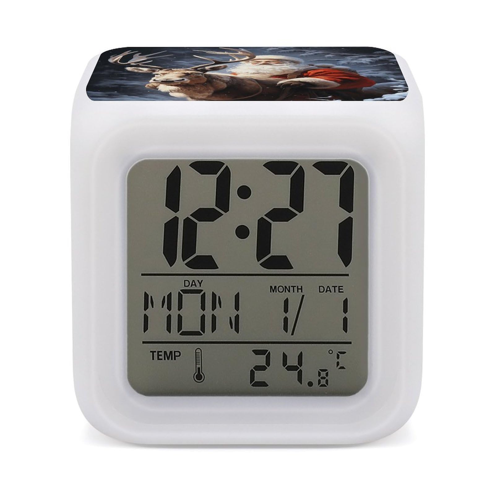 VstaDank Santa Claus and Deer Elk Alarm Clock for Bedrooms Small Clocks with 7 Color Night Light Desk Clock with Large Numbers Loud Wake Up Timer Ideal for Gift & Room Decor