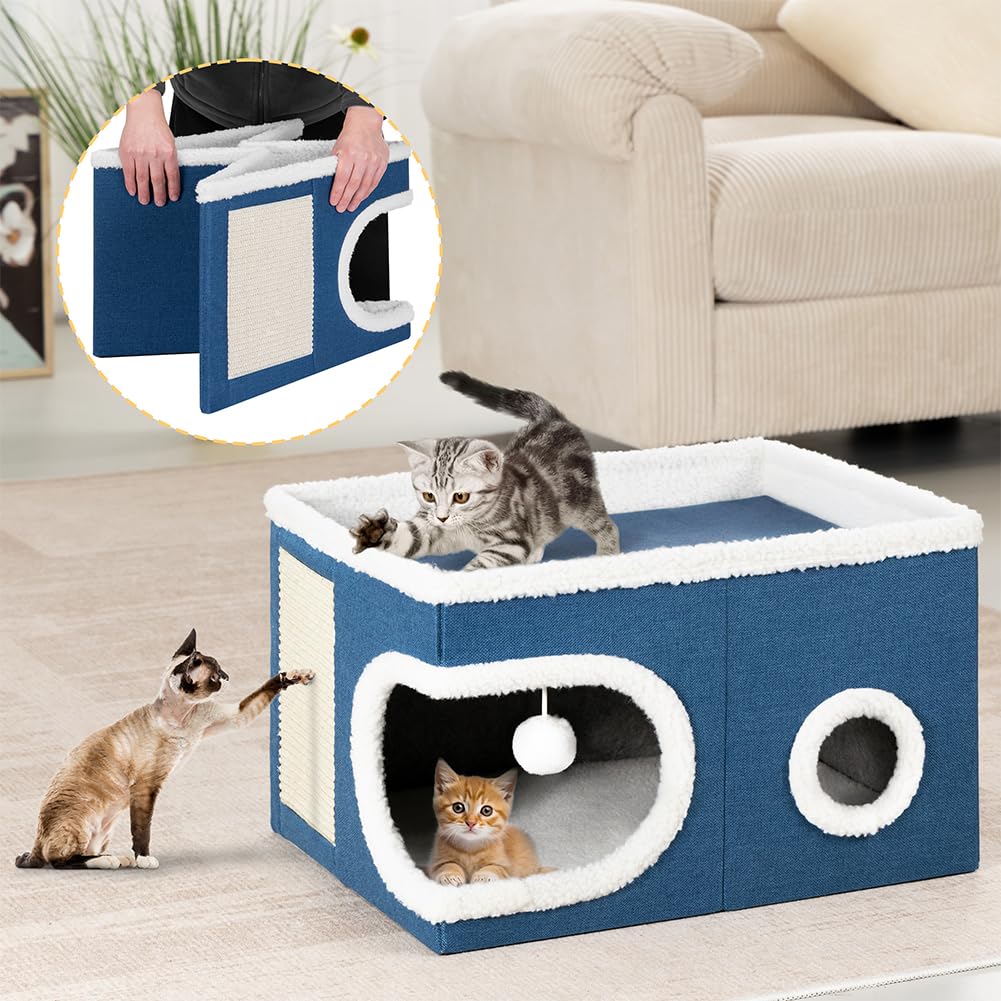 BAKAJI Cuccia per Gatti con Ingresso Tondo e Bordo in Lana, Casetta Rifugio per Animali Domestici, Tiragraffi in Poliestere Caldo e Imbottito, Cuccetta Graffiatoio Base Antiscivolo 58x42x33cm (Blu)