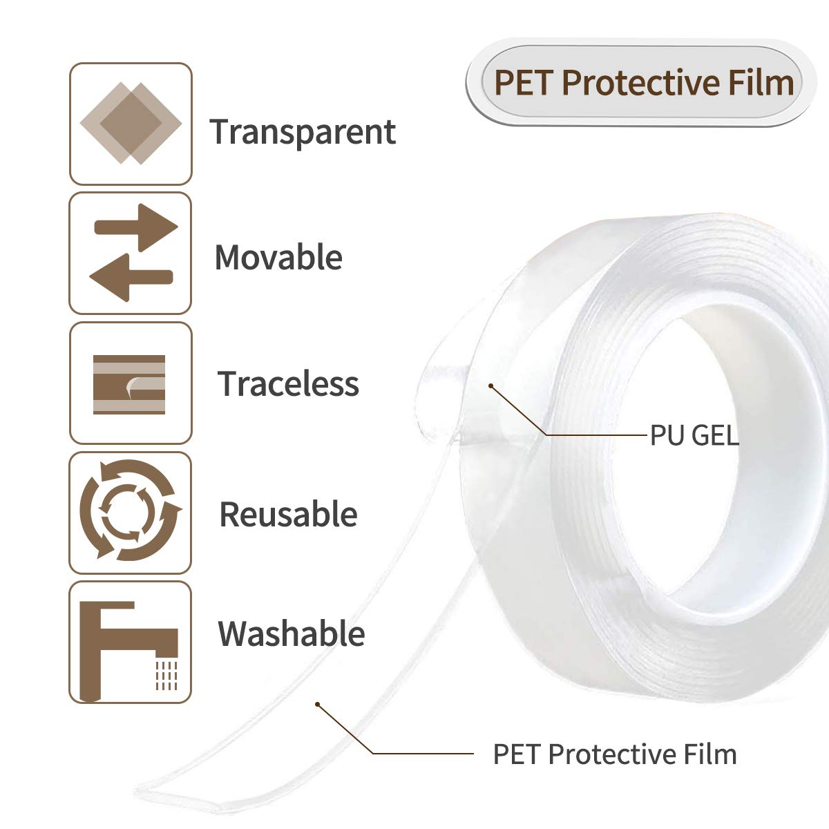 Jeteven Nano Tape, Double-Sided Multifunctional Nano Adhesive Tape, Transparent, Traceless, Double-Sided Clear Gel Tape, Washable, Reusable Adhesive Tape for Home, 2 mm x 3 cm x 3 m