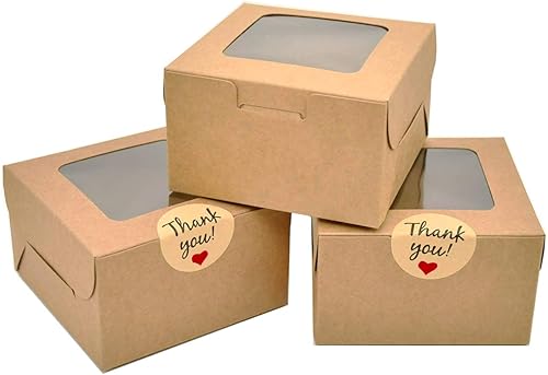 Paquete de 50 cajas de panadería marrones, cajas pequeñas de 4 x 4 x 2.5 pulgadas con caja de embalaje de regalo de ventana para galletas, pasteles,