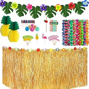 PIXHOTUL Hawaiiaanse Tropische Feestdecoraties – 9Ft Hawaiiaanse Gras Tafelrok, Leis Ketting, Palmbladeren, Hibiscus…