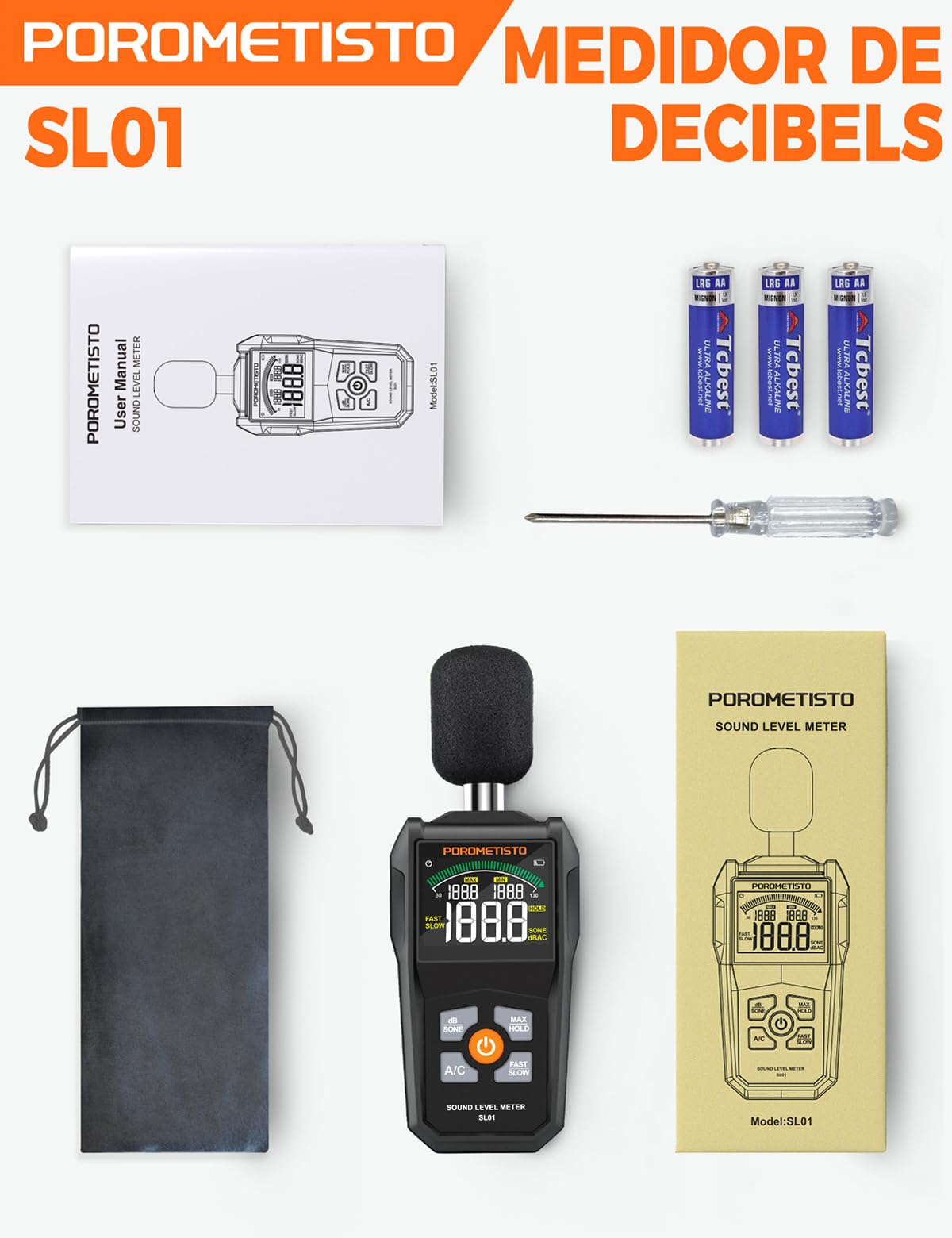 SL01 Sonometro - Medidor De Decibelios Profesional 30-130dB ±1.5dB, Pantalla LCD con Retroiluminación, Ponderación A/C, Respuesta Rápida/Lenta, para Vecinos Ruidosos, Hogar y Oficina