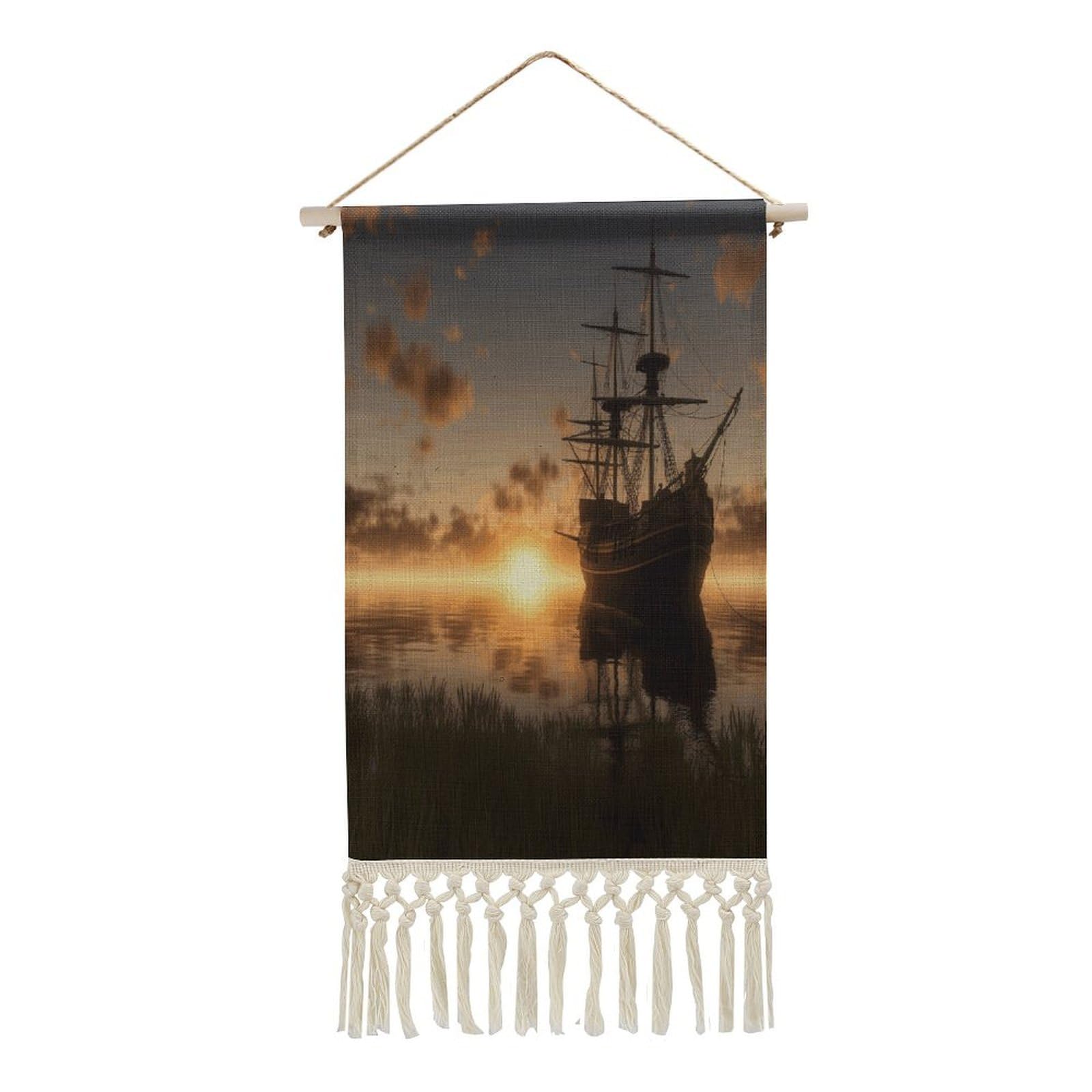 Adfgyerh Style Ship In The Lake Sunset Tapestry With Tassels Cotton And Linen Hanging Posters, Wall Art For Travel Gift, Wall Tapestry For Office Home Decor Bedroom Living Room Decor