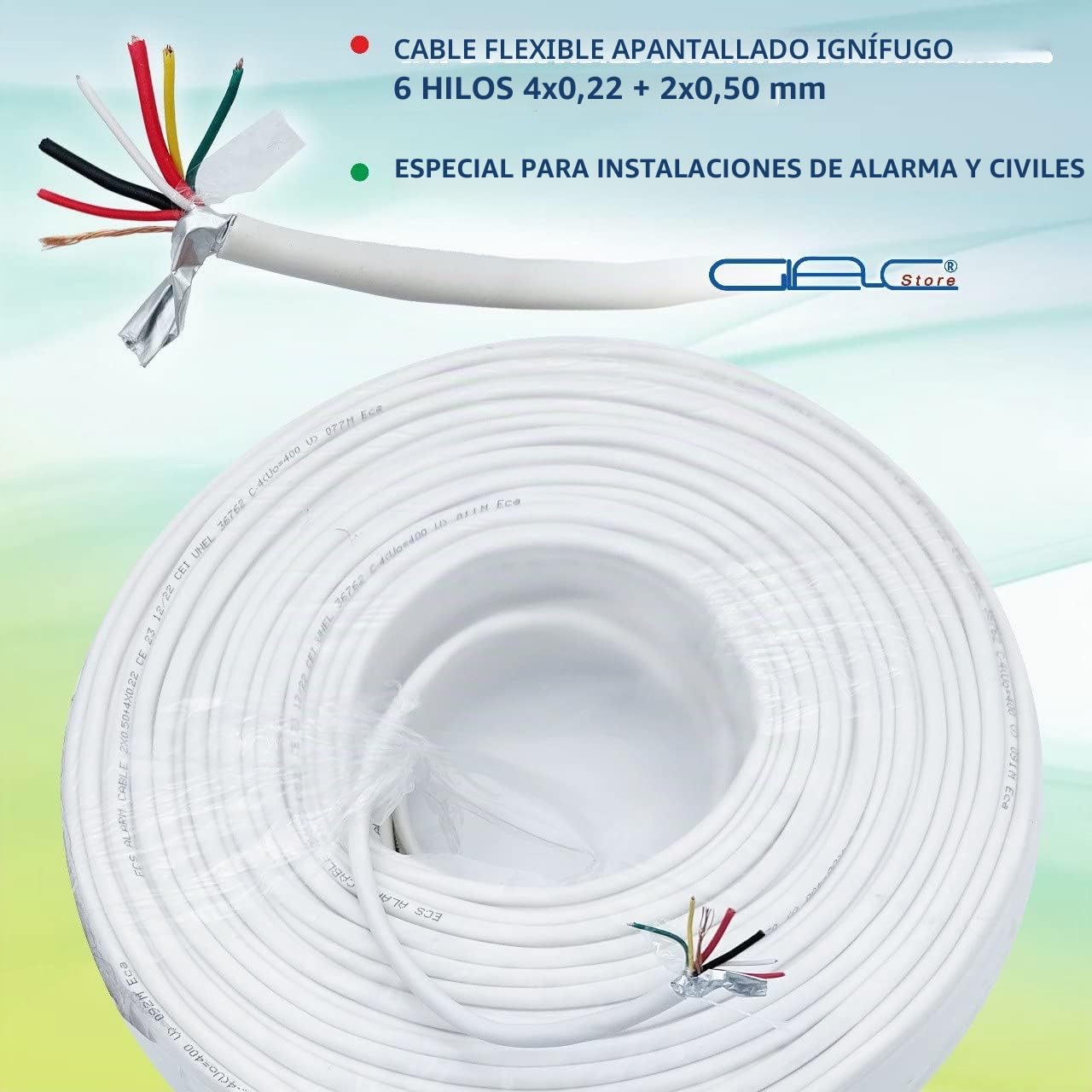 Cable Cables Alarma Bobina 6 hilos 4 x 0,22 + 2 x 0,50 mm 4+2 Bobina de 100 metros CCA blindado profesional certificado anti propagación en caso de incendio
