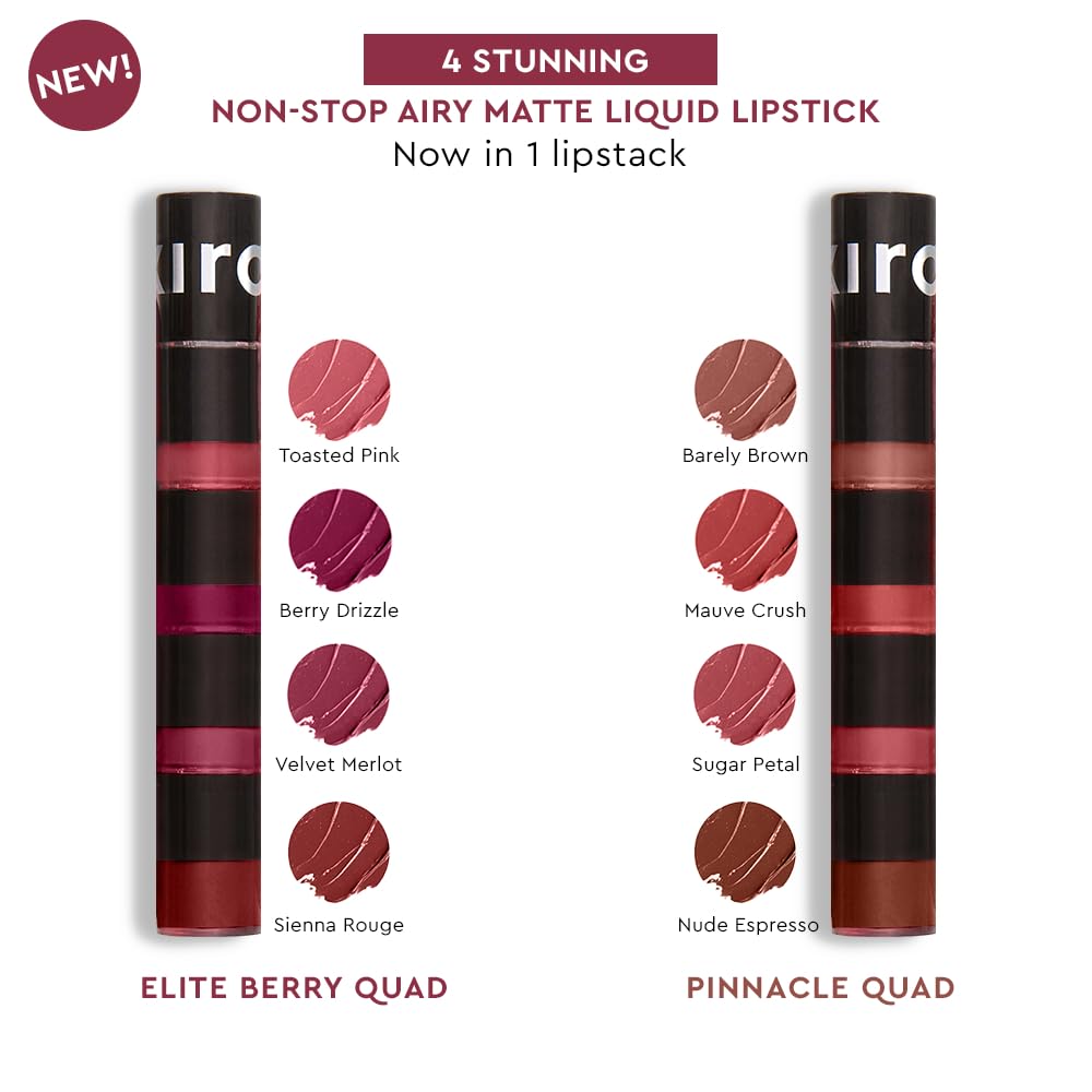 KIRO Four Play Non-Stop Airy Matte Liquid Lip Stack – Elite Berry Quad | 4-in-1 Lipstick Set with Long-Lasting, Transfer-Proof & Lightweight Formula | Infused with Avocado & Apricot Oils | 6ml
