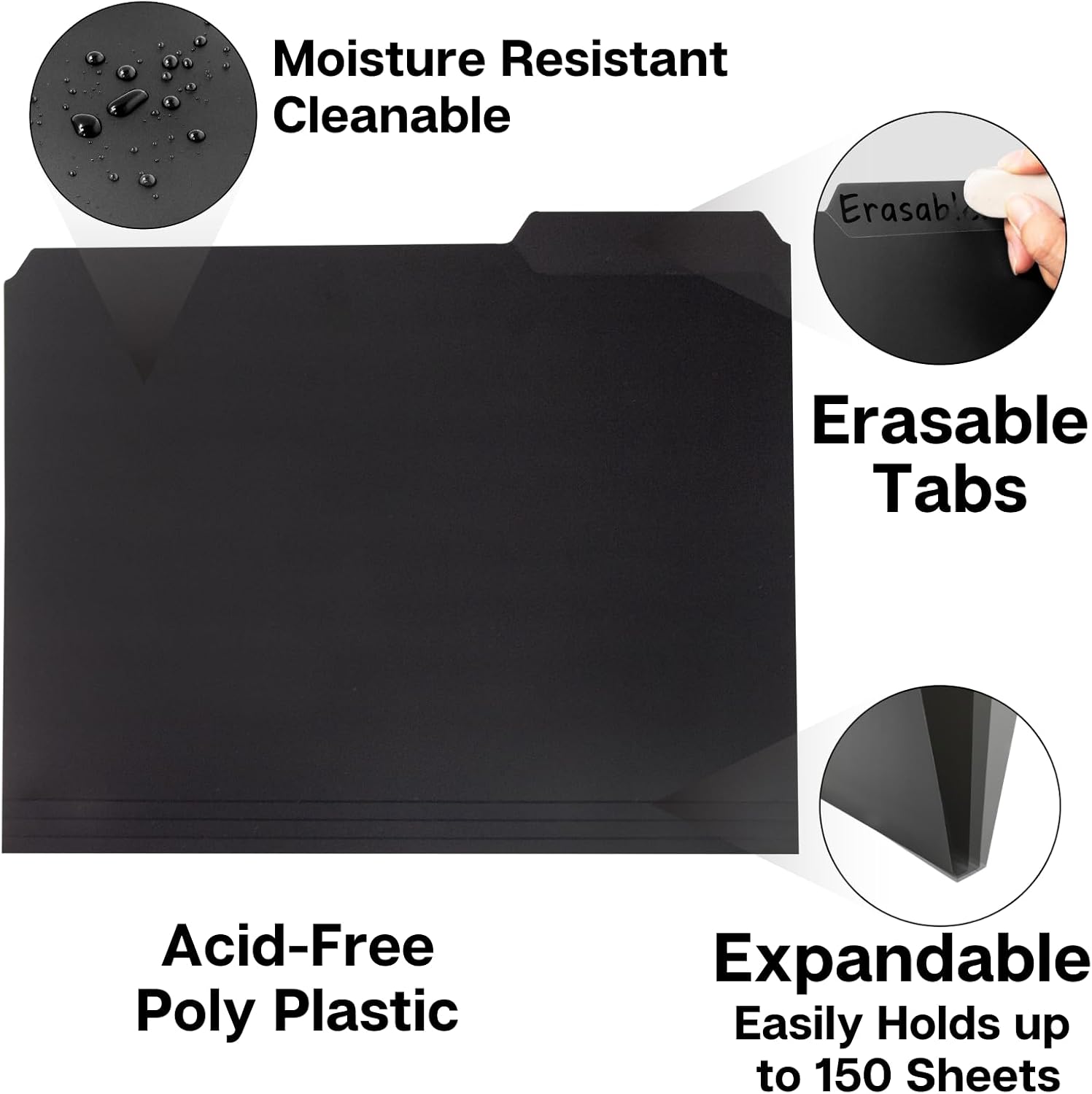 Dunwell Black 3-Tab File Folders, 8.5x11, 6 Pack, Plastic Manila image 4