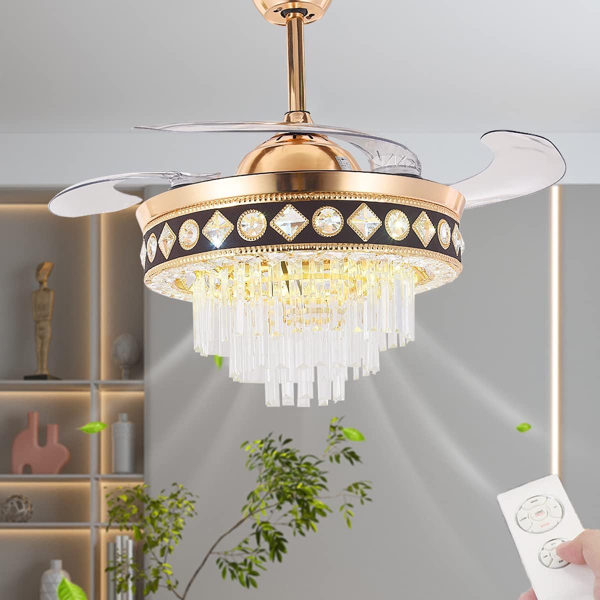 42" Retractable Fandelier Ceiling Fan with Light Remote Control, Modern