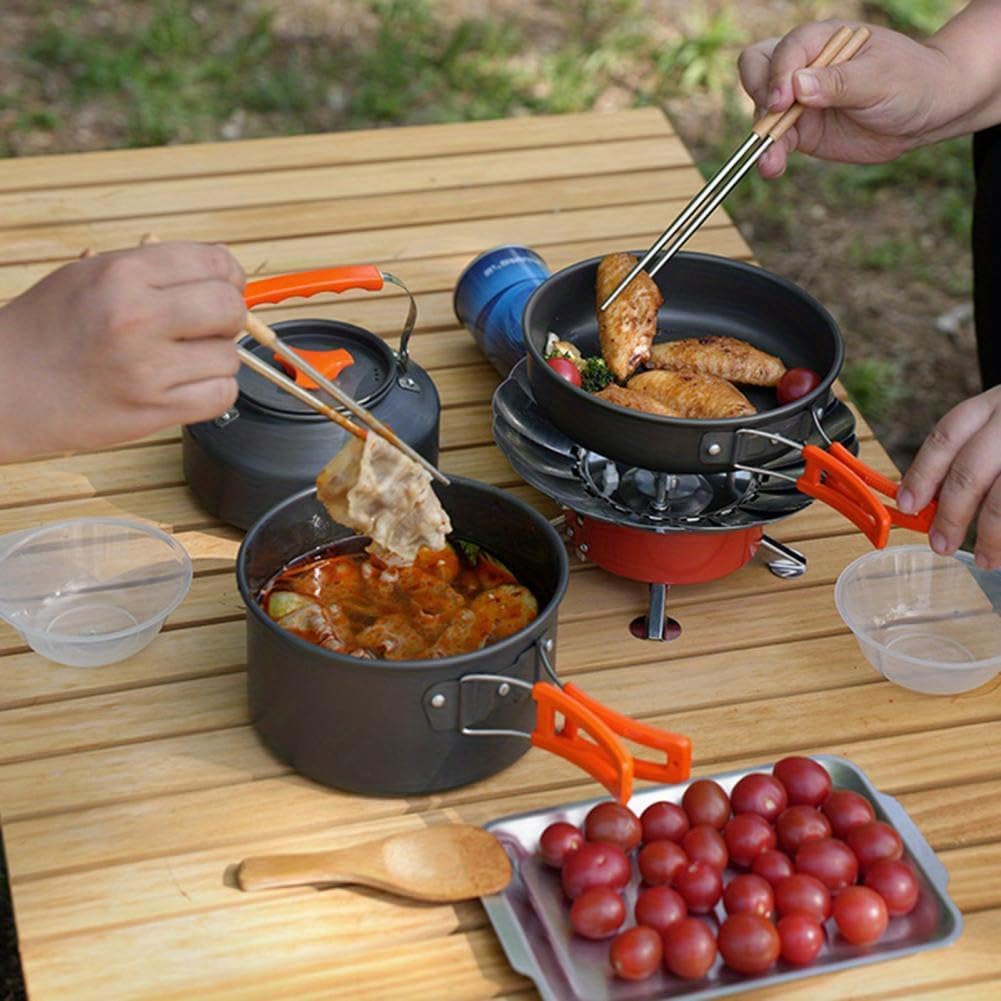 Camping Cookware Set (Orange) 8PCS, Hard Anodized Aluminum Lightweight Cooking Kit, Portable Pot Pan Kettle Bowls Utensils, Backpacking Gear for 2-3 People for Camping Hiking Picnic