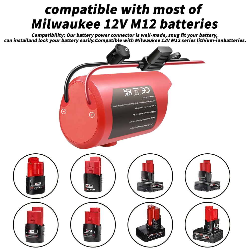 Lot de 2 adaptateurs de batterie compatibles avec Milwaukee M12 12 V avec fusible et interrupteur, convertisseur de puissance de fil 14 AWG pour camions télécommandés, voitures télécommandées
