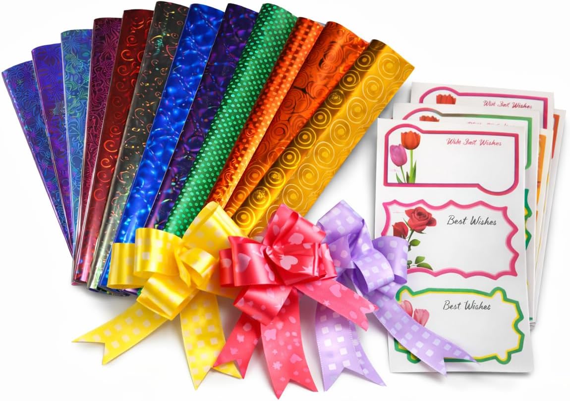 Holographic Gift Wrapping Paper Set (12 Sheets) with 24 Plastic Pull Bows & 24 Best Wishes Gift Card Stickers | Premium Gift Wrap Combo for Birthdays, Weddings, Festivals & Return Gifts