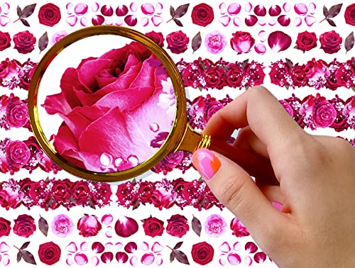 Nail Stickers Decals (5 Sheets) FLONZNAIL Gorgeous Dark Pink Roses and Petals with Leaves Nail Decor Transfer Vintage Styled Stickers