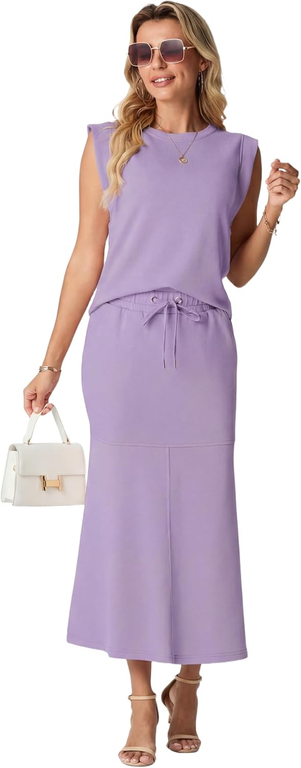 GRECERELLE Women Summer 2 Piece Sets Round Neck Wrinkle-Free Top & Elastic Waist Midi Fishtail Skirt with Pockets(XS-3XL) - Image 5