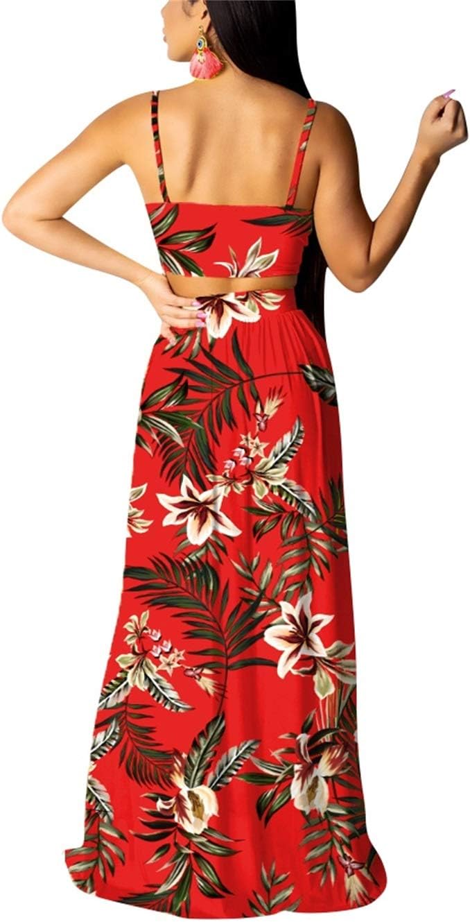 EOSIEDUR Women's Chiffon Bohemian Floral Printed 2 Piece Sets Crop Cami Top & Split Beach Party Maxi Dress - Image 2