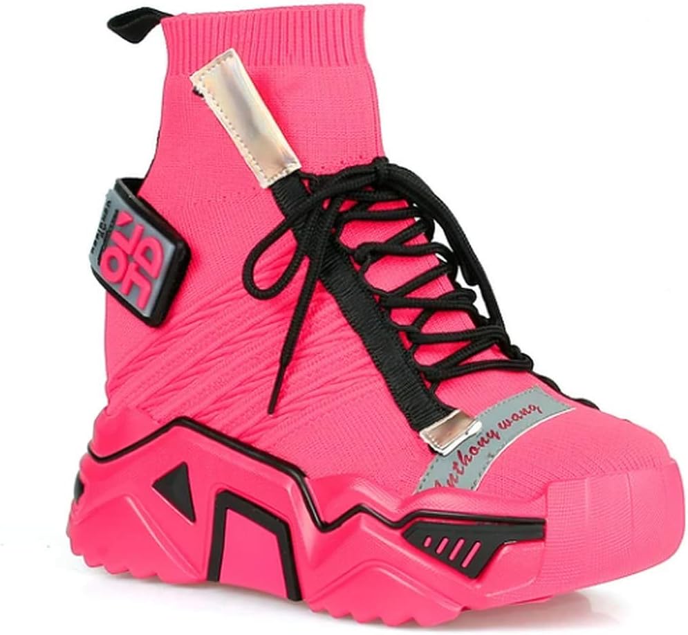 Anthony Wang Women's Retro Lace-Up Chunky Platform Extra High Hidden Wedge Fashion Sneaker (Pink Pu, Numeric_8_Point_5)