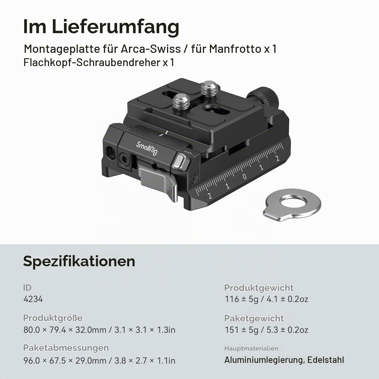 SMALLRIG Schnellwechselplatte und Klemme für Arca-Swiss Standard, mit Bottom Platte für MFT 501PL Standard, kompatibel mit DJI RS Serie Gimbal – 4234