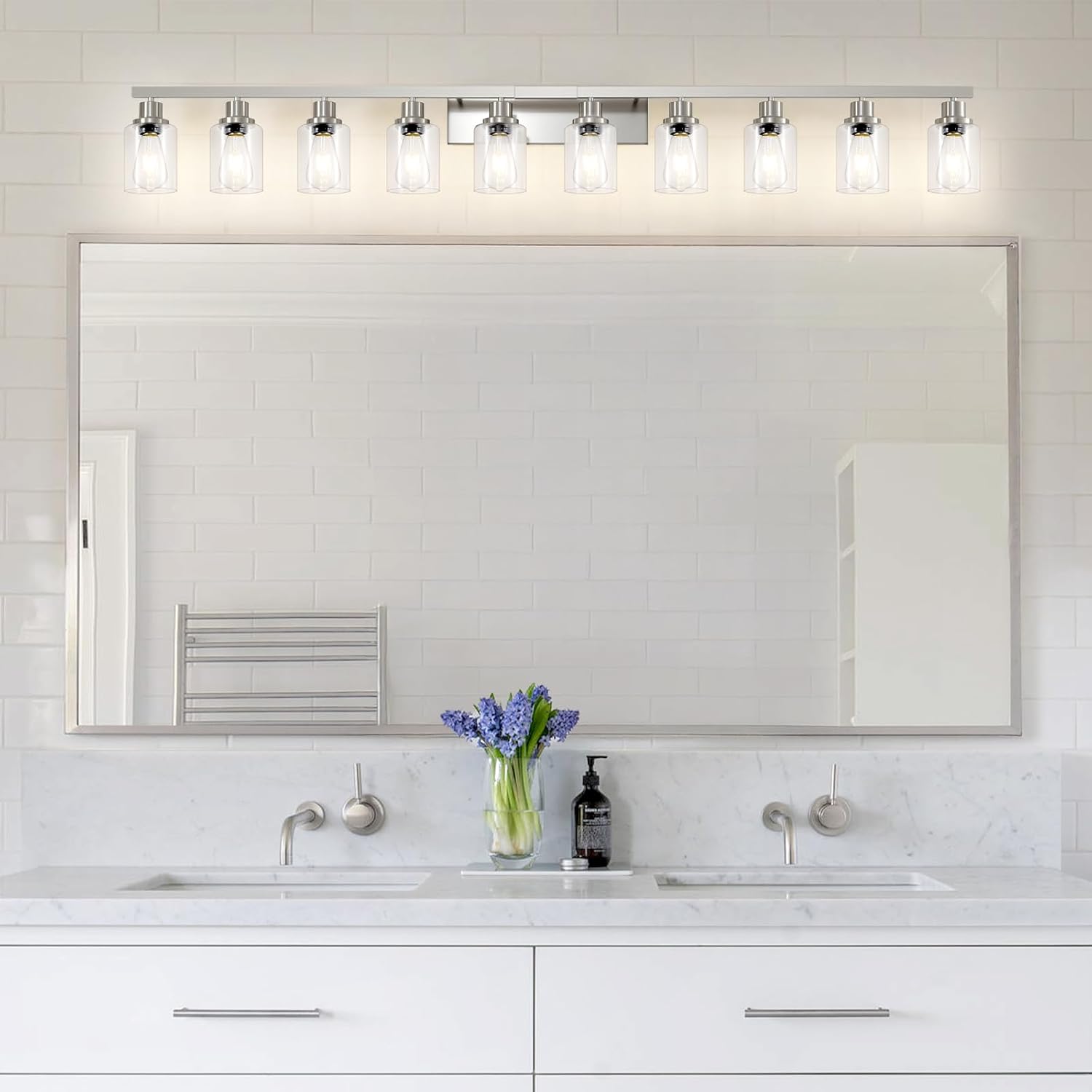 Brushed Nickel Bathroom Vanity Light,10-Light Vanity Lights with Clear Glass,64.5in Modern Bathroom Wall Lights Fixtures Over Mirror,Wall Sconces Lighting for Bedroom Living Room,E26 Nickel 10-Light