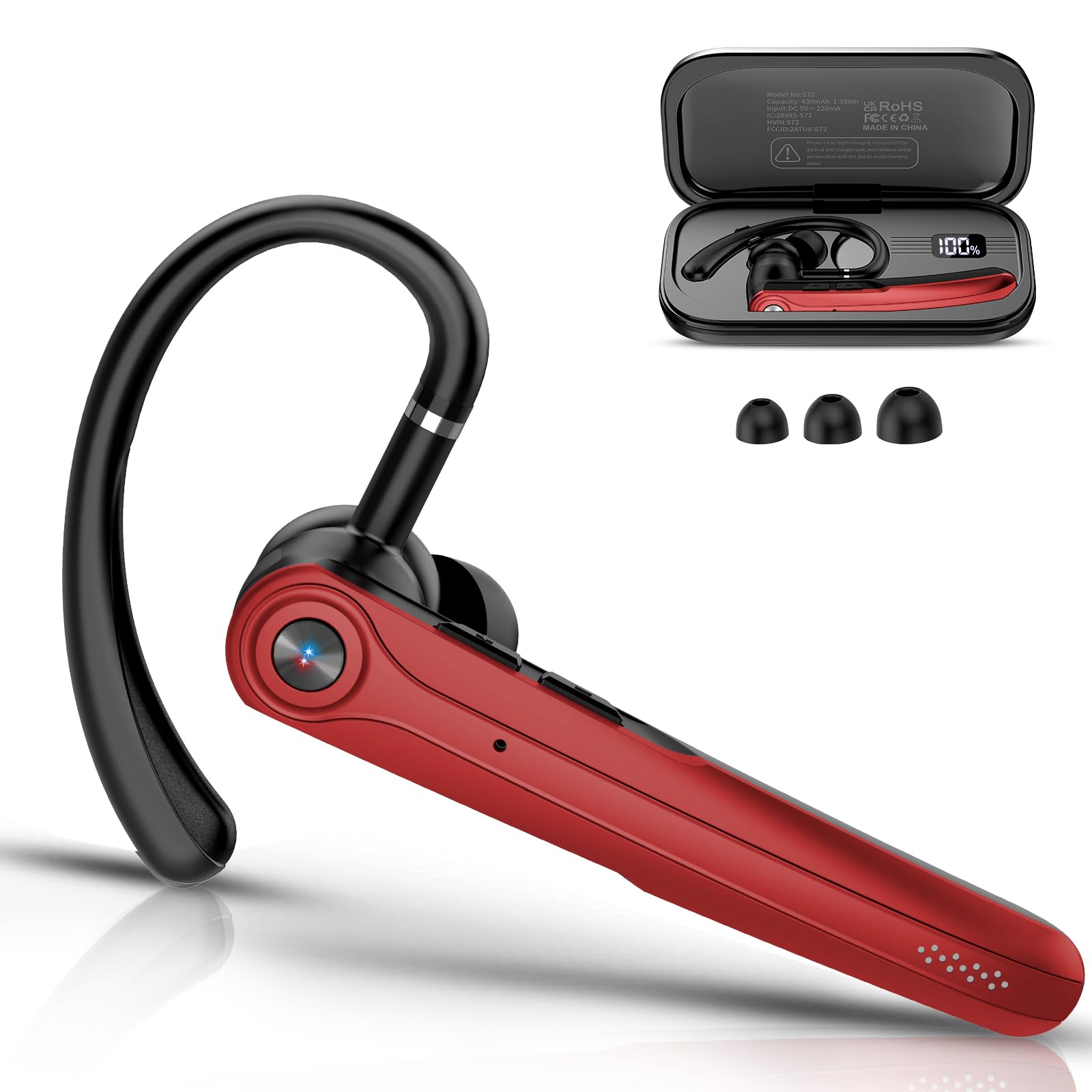 Auricolare Bluetooth Singolo con CVC8.0 e ENC Doppio Microfono V5.4 Auricolari Bluetooth con 25 Ore Di conversazione, 180 Ore di Standby, Cuffie con Gancio Girevole per Guida/Lavoro/Ufficio, Rosso