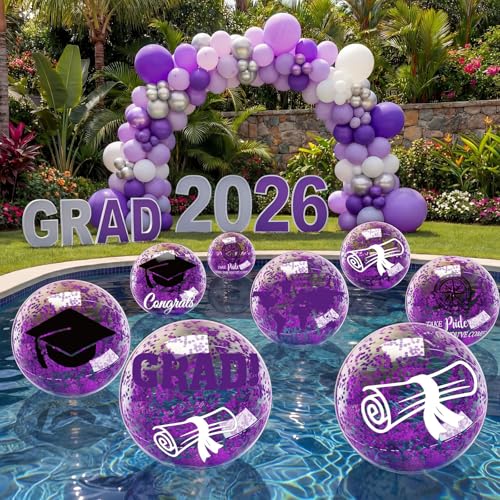 Hollowfly Purple 10 Pcs 16 Inch Graduation Beach Balls Inflatable 2026 Grad Beach Ball Congrats Sign Bulk Confetti Glitter Blow up Pool Balls for Grad Swimming Graduation Party Supplies Favors