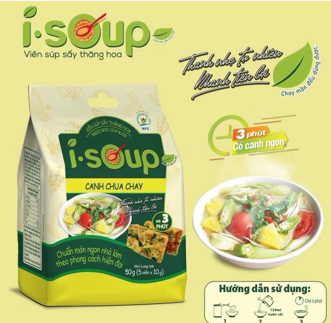 Set 3 canh I-Soup Vietnamese Instant Soup Mix Variety Pack, Canh Ngot Thit Bam, Canh Chua chay, Bamboo Mushroom, 3 Flavors