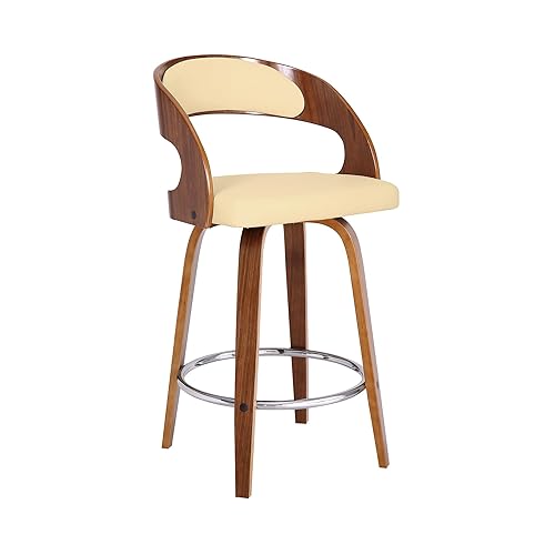 Shelly 26" Counter Height Swivel Cream Faux Leather and Walnut