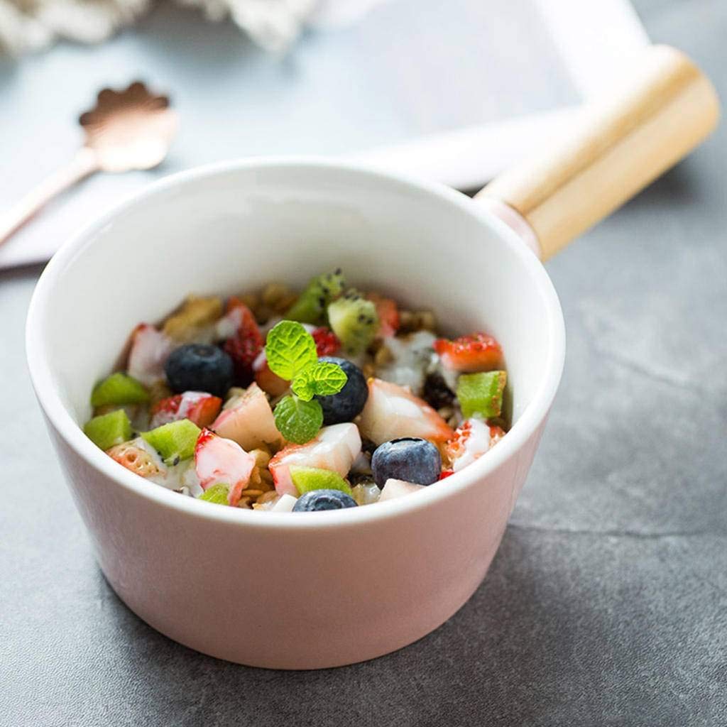 Suppenschüsseln im japanischen Stil mit Griff, 400 ml Holzgriff Verbrühungssicherer Salat Dessert Obstkeramik Geschirr-Pink