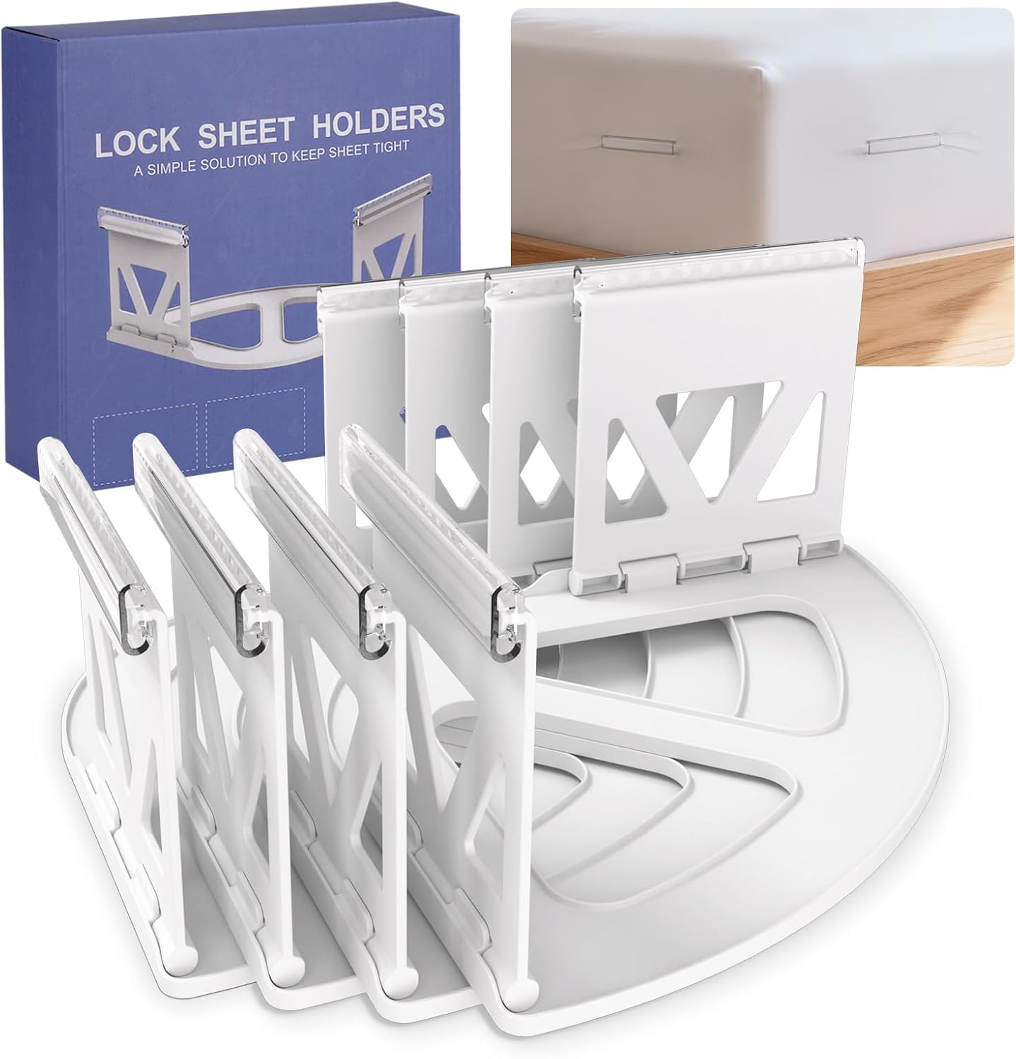 No-Slip Sheet Holders - One Time Install Bed Sheet Holders for Corners - Heavy Duty Sheet Grippers Keep Sheet Firm & Tight - 4Pcs Fitted Sheet Holder Clips for Twin Full Queen King