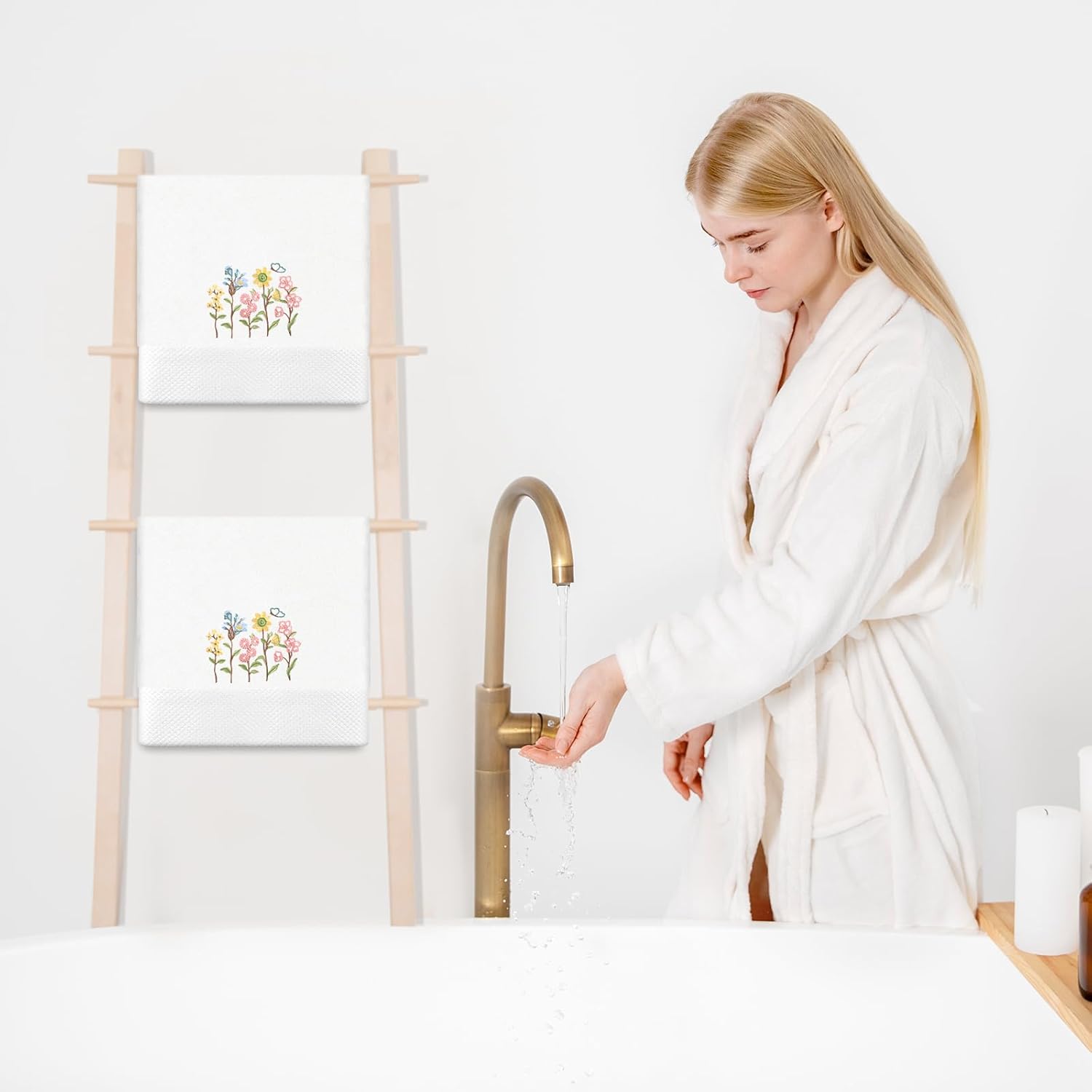 JarThenaAMCS 2Pcs Spring Floral Hand Towels Cotton Embroidered Wildflower Bathroom Towel with Ribbon Flower Kitchen Dish Towel for Hand Drying Cleaning Cooking, 29.5 x 13.7 Inch - Image 7