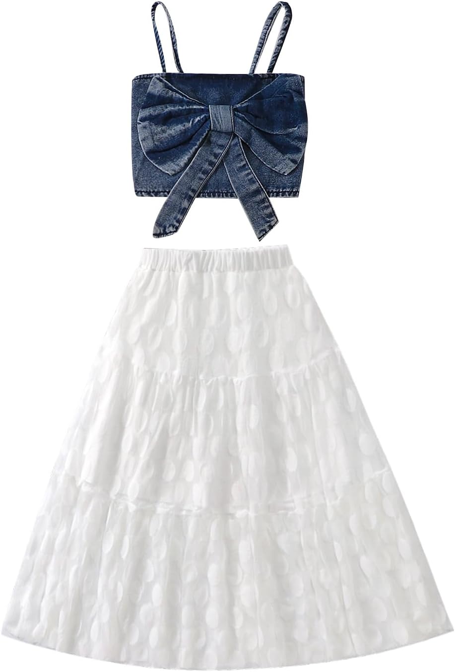 Toddler Baby Girls Summer Outfits Spaghetti Strap Denim Bow Vest Top and Boho Flowy Tiered Midi Skirt Beach Dress Set(02-4Y)