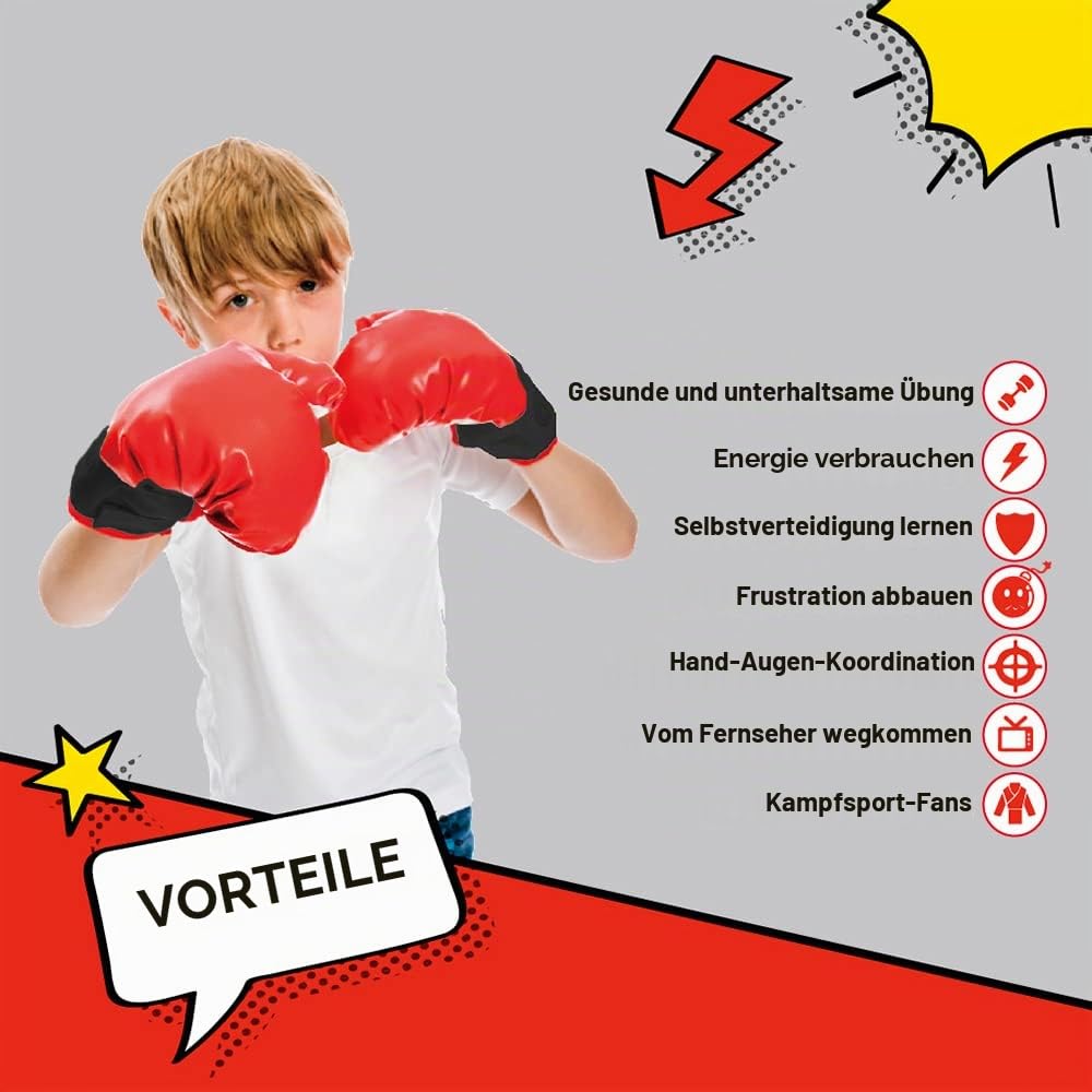 Whoobli Boxball für Kinder inkl. Boxhandschuhe, 3 - 10 Jahre, verstellbarer Kinder-Boxball mit Ständer, Boxball-Set Spielzeug für Jungen und Mädchen (Rot-Weiß)