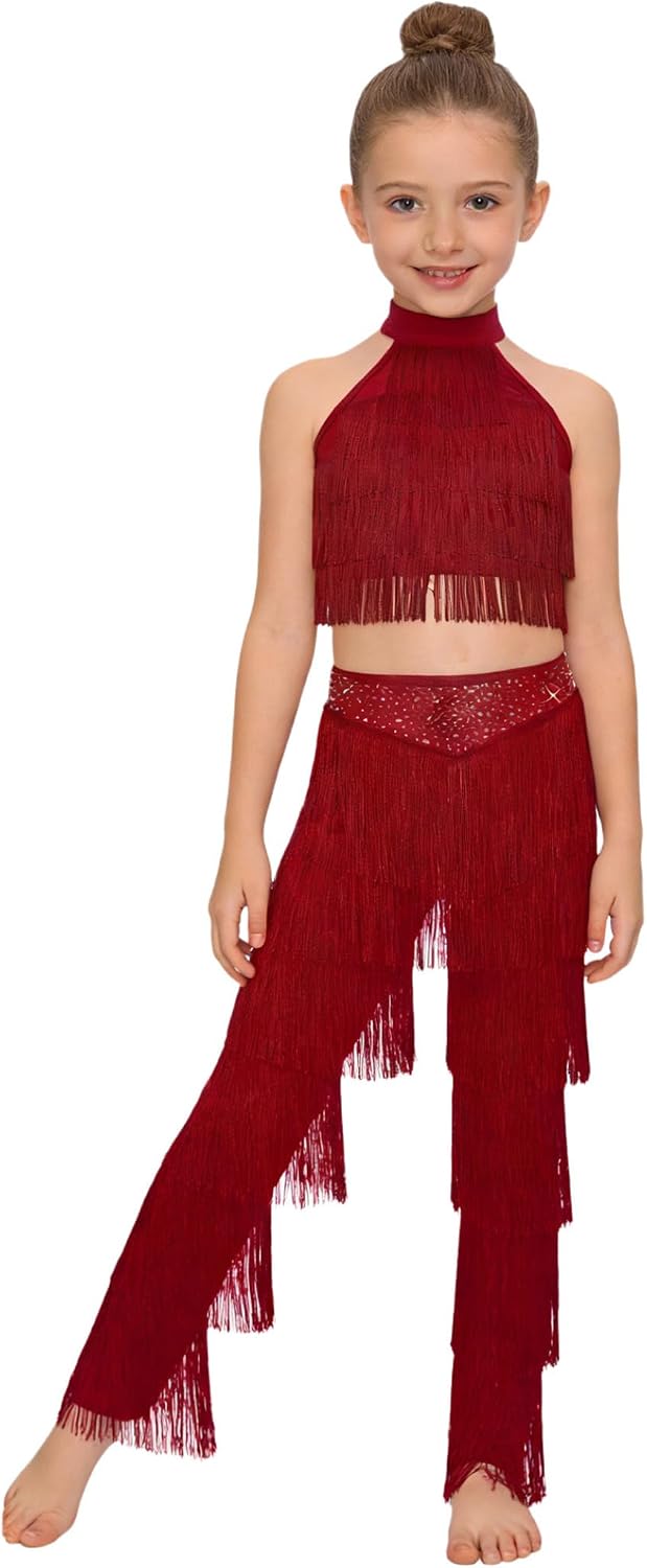Kids Girls Latin Ballroom Dance Outfit Sleeveless Tassel Top and Fringe Pants Salsa Tango 2 Piece Set Burgundy 10 Years