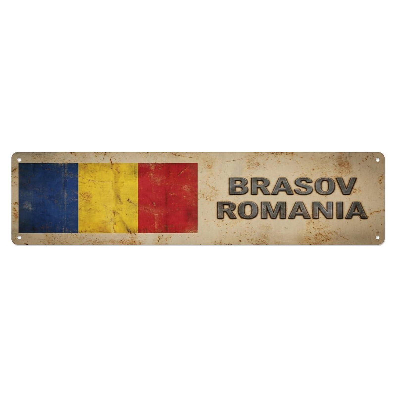 Metal Tin Sign Vintage Brasov Romania Flag Decor Rustic Travel
