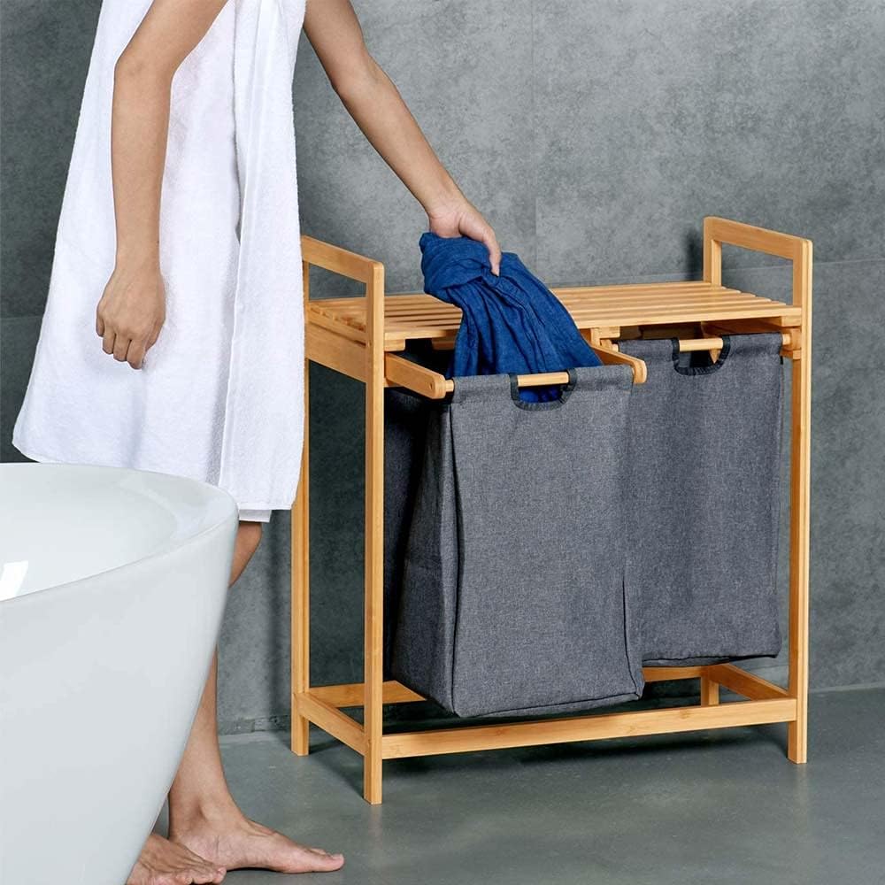Bakaji Cesto Biancheria Sporca in Bambu Doppia Cesta in Tessuto Grigio, Portabiancheria da Casa, Bagno Con 2 Scomparti, Contenitore Salvaspazio Antiodore (74 x 64 x 33 cm)