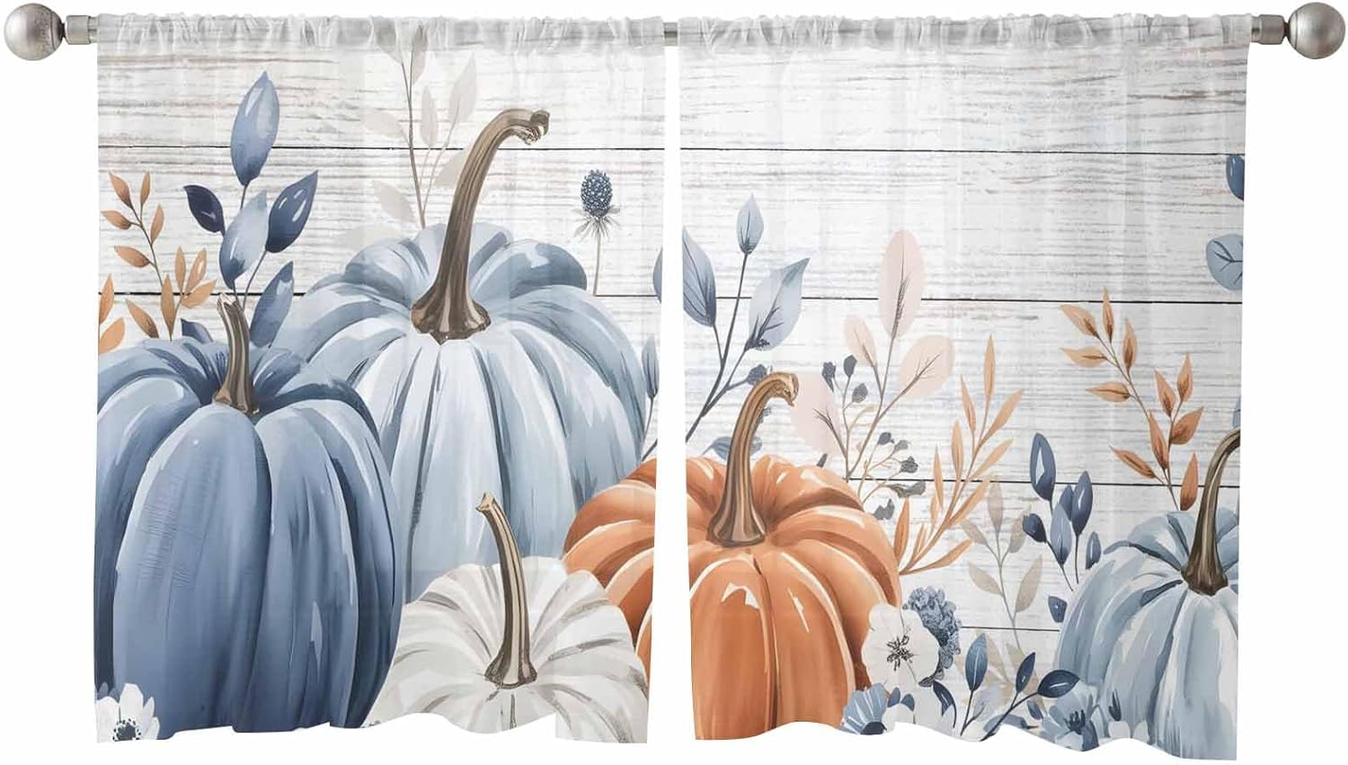 Libaoge Sheer Curtains 54 Inch Long Thanksgiving Blue Pumpkins Ombre Blue Wood Grain Rod Pocket Voile Semi-Sheer Window Treatment Drapes for Bedroom Bathroom Windows 2 Panels 52" Wx54 L