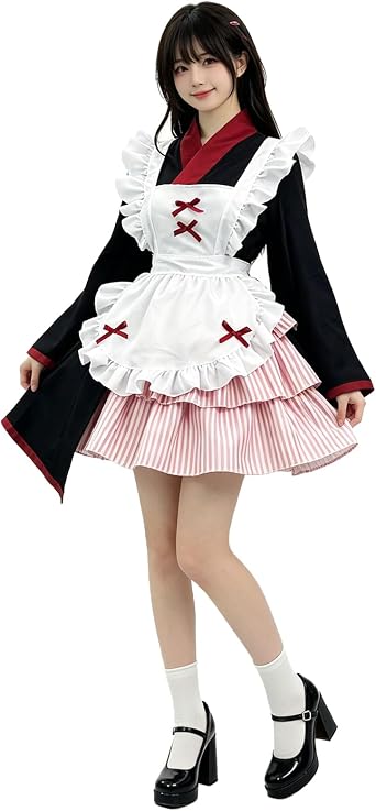 Japanese Kimono Maid Outfit Cute Anime Lolita Cosplay Dress with Apron Halloween Costume